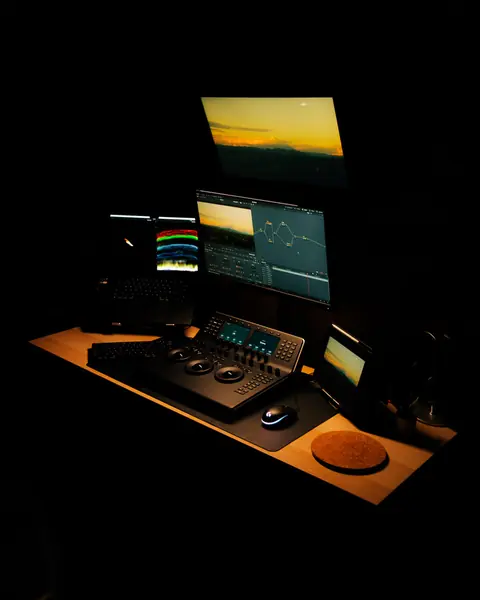 Sala de color con monitores de referencia y panel de control de DaVinci Resolve